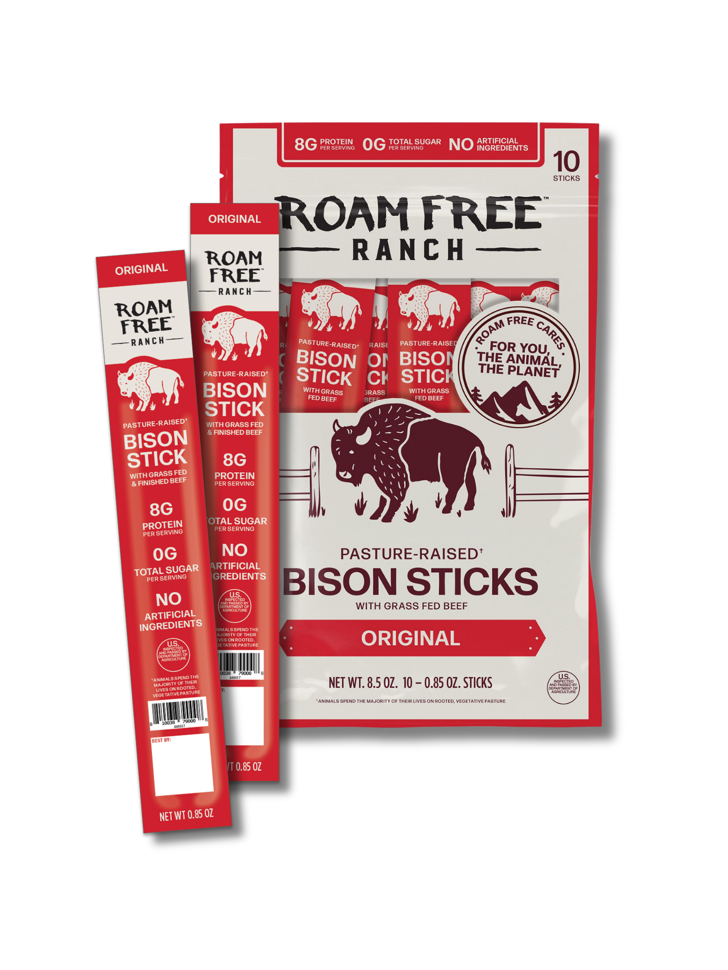 Pasture-Raised Bison Sticks, Original, 0.85 oz Meat Sticks - 10 Pack